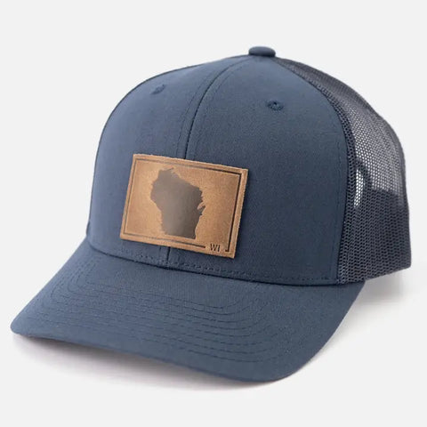 Wisconsin Silhouette Leather Patch Trucker Hat - Navy